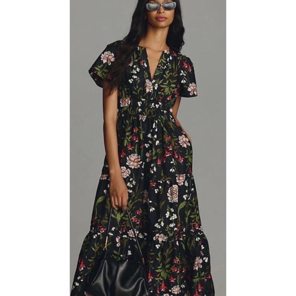 Anthropologie The Somerset Maxi Dress Tiered Smocked Floral Black Motif Size Xs